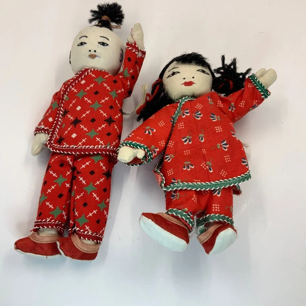 Vintage Chinese Folk Art Cloth Dolls Pair Handmade Red Traditional Dress 7 inch
